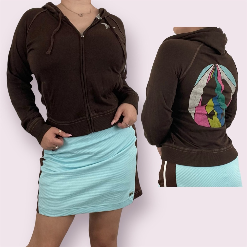 VICTORIAS SECRET PINK Vintage Y2K Brown Rainbow Stripe Peace Sign Zip Up Hoodie